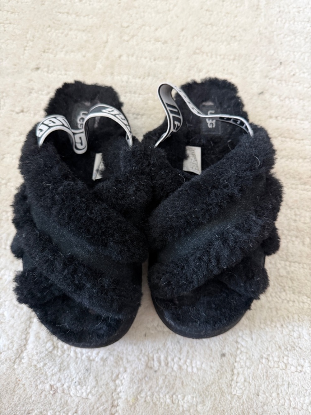 UGG Black Furry Cross-Band Slide Sandals